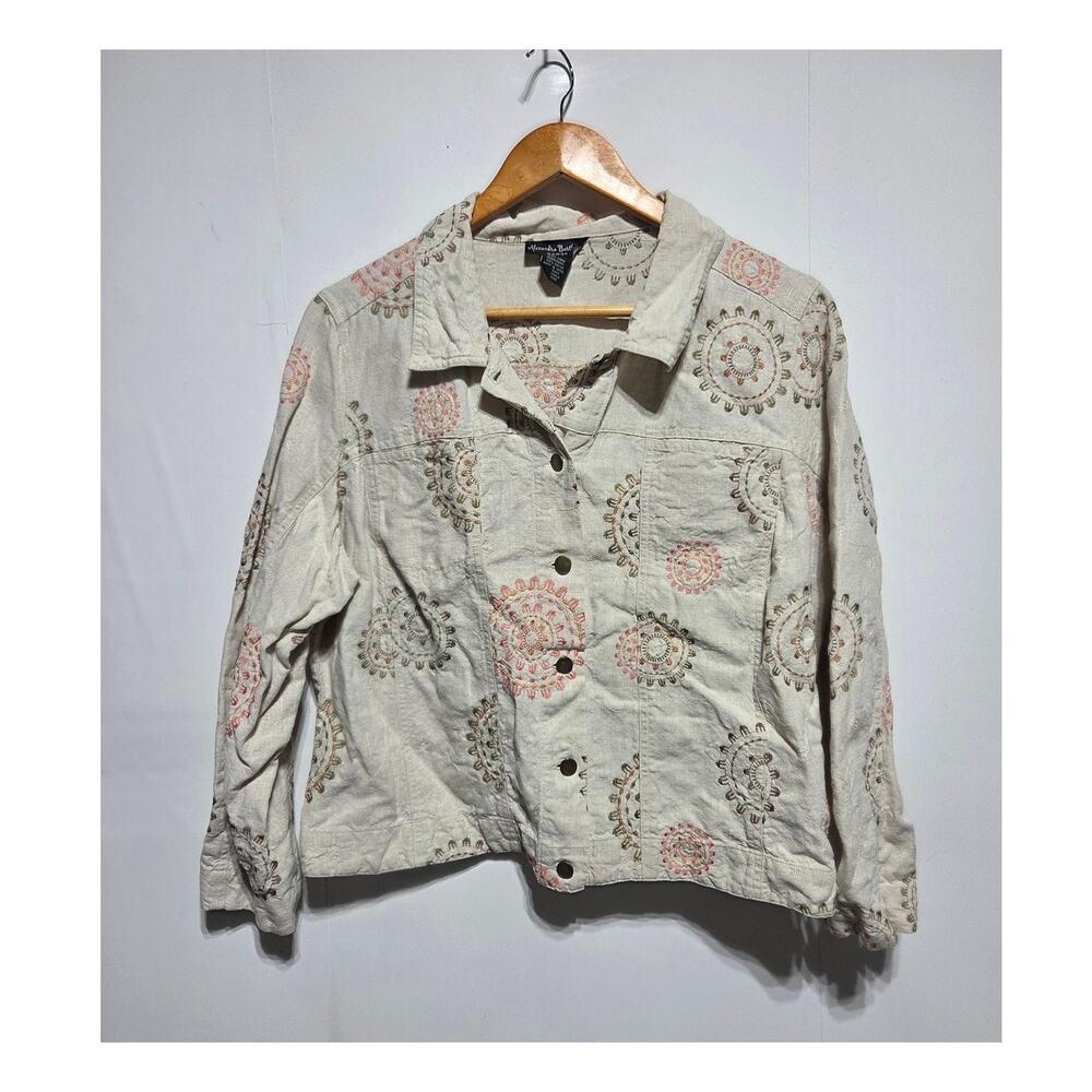 Alexandra Bartlett Tan Linen Embroidered Boho Lightweight Jacket Size 1X